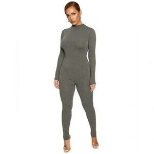 Naked Wardrobe Sculpt Jumpsuit Long Sleeves Full Body Charcoal Gray Size M NWOT